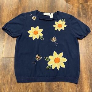 Floral embroidered short sleeve sweater